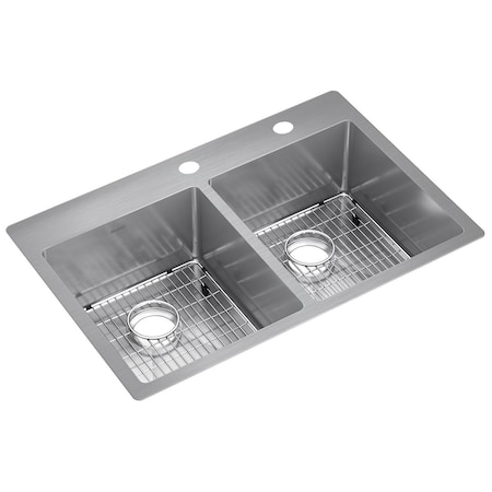 Elkay Crosstown 18 Gauge Stainless Steel 33" x 22" x 9" FR2-Hole Equal Double Bowl Dual Mount Sink Kit ECTSR33229TBGFR2